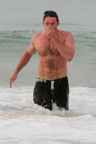 Hugh Jackman goes for a swim in the ocean