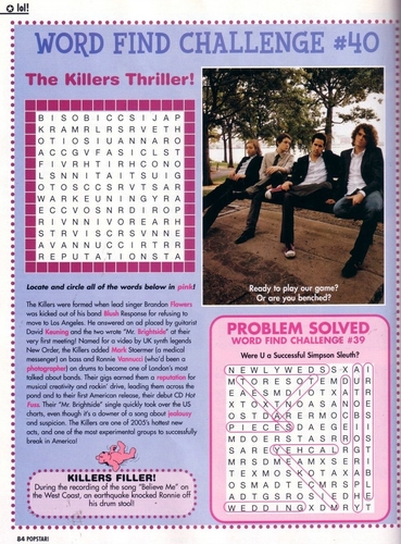 The Killers word search game