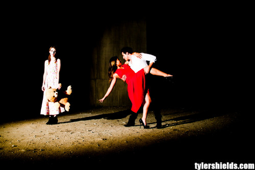 Micael Trevino photoshoot for Tyler Shields with Jenna Ushkowitz and Emma Roberts