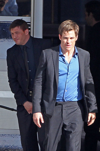  Chris Pine and Tom Hardy are spotted on set of the new film "This Means War" in Los Angeles.