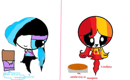  lizzie (one with the black and blue hair) and llisay (one with red and kahel hair)
