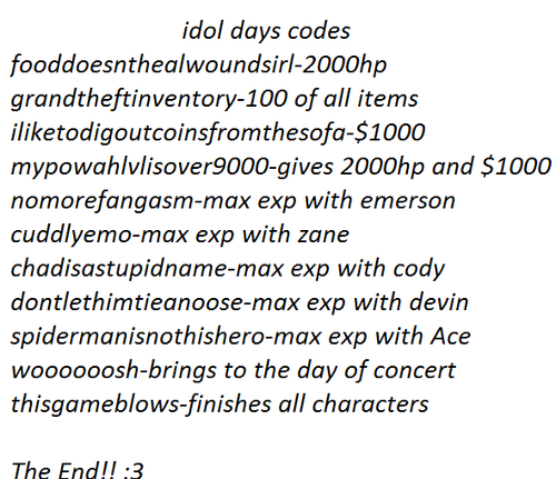 idol days codes!