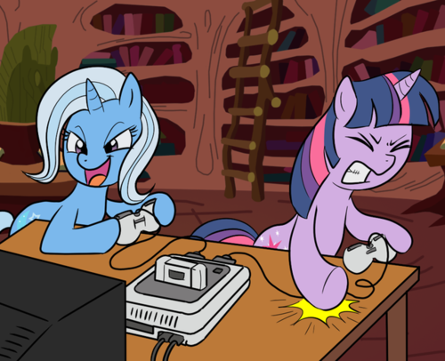 Twilight-and-Trixie-playing-vidoe-games-