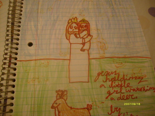  येशु holding a little girl watching a deer
