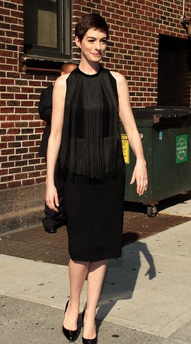 Anne Hathaway arriving for 'The Late Show with David Letterman'