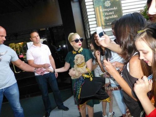 Gaga with fans outside her hotel in Sofia, Bulgaria (Aug. 12)