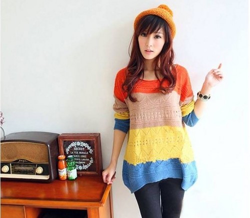 Korean Fashion Stripe Stitching Loose Hollow Sweater