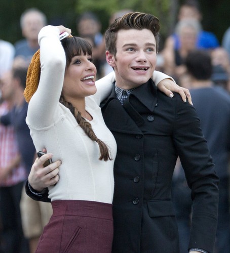  Lea Michele & Chris Colfer Filming At A Park In New York City
