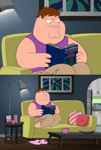 Peter Griffin reading Flowers in the Attic