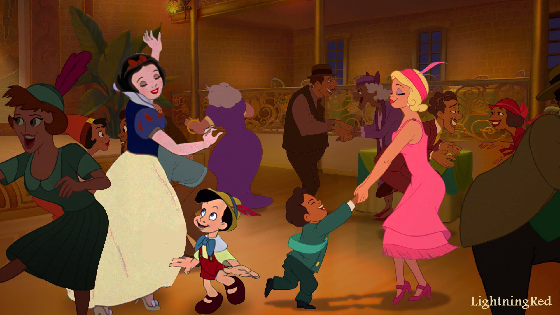 Snow White and Pinocchio dancing in Tiana's Palace