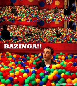  How many times does Sheldon say ''BAZINGA'' during the ball pit scenes (3x14)(including the scene at the end)