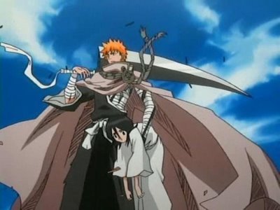  What were the first words au word Ichigo alisema to Rukia when he was sawing her in this scene?