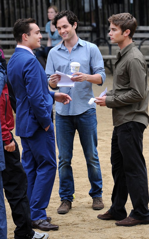 Ed Westwick, Chace Crawford and Penn Badgley on the set of "Gossip Girl" (August 16).