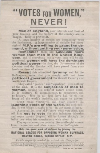  "Votes For Women Never!" (Anti-Suffrage ad from U.K.)
