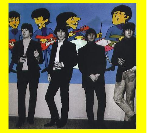 The Beatles right next to their cartoon virsion