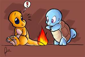  Squirtle roasting a marmallow on Charmander's flame