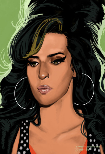  Amy Winehouse with Highlights and a Polka Dot Dress Against a Green Background
