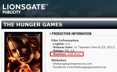  Official Runtime for The Hunger Games movie