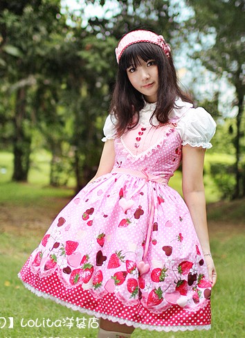  berwarna merah muda, merah muda stroberi Lolita Dress