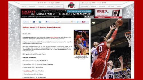  JARAD SULLINGER NAMED 2012 SPORTING NEWS ALL-AMERICAN OSU BUCKEYES OFFICIAL ATHLETIC SITE