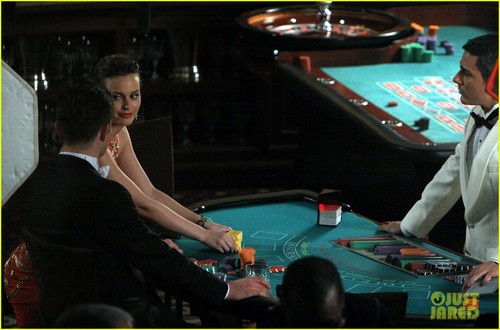 Leighton Meester and Ed Westwick film a scene at a blackjack table inside the Roosevelt Hotel