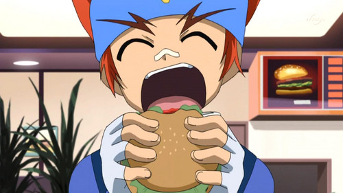  Gingka eating a hamburger