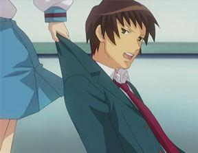 Kyon being dragged by Haruhi
