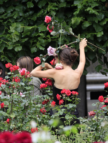  Modeling for a Miss Dior campaign 사진 shoot in the gardens of the Palais-Royal in Paris (June 26th