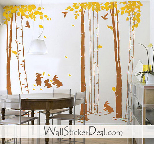  Rabbits and Birds play in the Forest muro Stickers