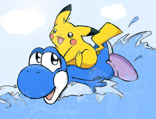  pikachu riding with Yoshi