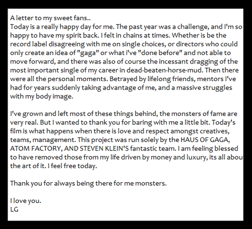  Gaga's letter to her fãs