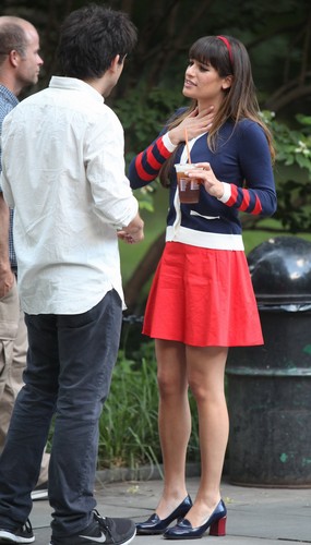 Lea Michele & Dean Geyer Filming On A Bench In New York City